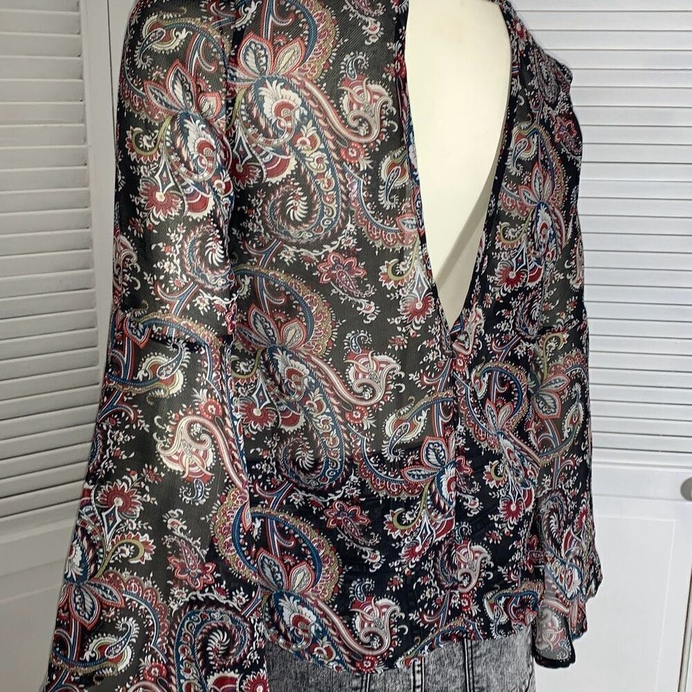 Vintage 90’s‎ Y2K Sheer Paisley Bell Flute Sleeve Low Back Top Size Small